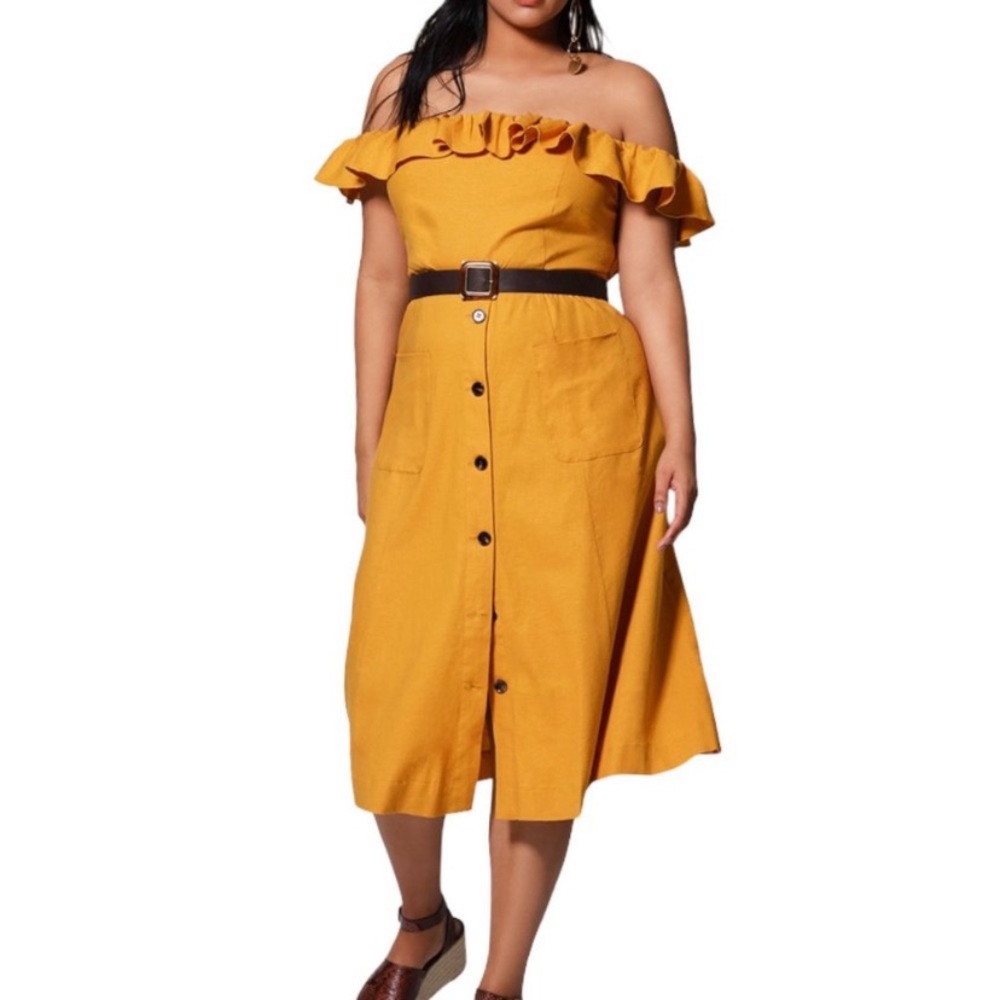 Eloquii Mustard Off The Shoulder Ruffle Dress - Picture 5 of 12